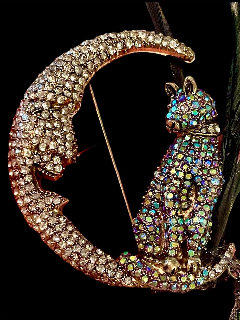 Rhinestone Cat on Moon Brooch, Halloween Vintage Inspired Pendant Necklace